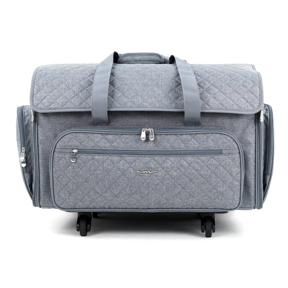 Everything Mary XXL Rolling Sewing Machine Case Grey Quilted Craft Tote with 360 Wheels Large Storage Organizer for Sewing & Quilting Supplies