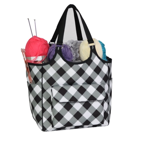 Everything Mary Yarn Storage and Transport Tote, Buffalo Check Polyester with 6 Pockets