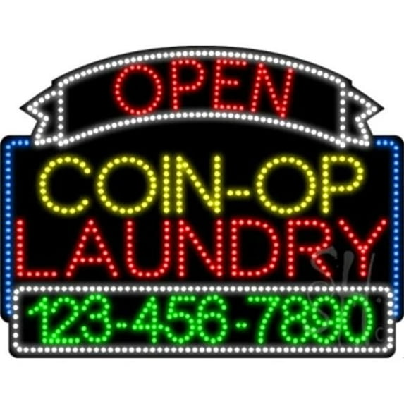 Everything Neon Coin Op Laundry Open with Phone Number Animated LED Sign 24'' Tall x 31'' Wide x 1'' Deep