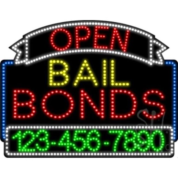 Everything Neon L100-5601 Bail Bonds Open with Phone Number Animated LED Sign 24'' Tall x 31'' Wide x 1'' Deep