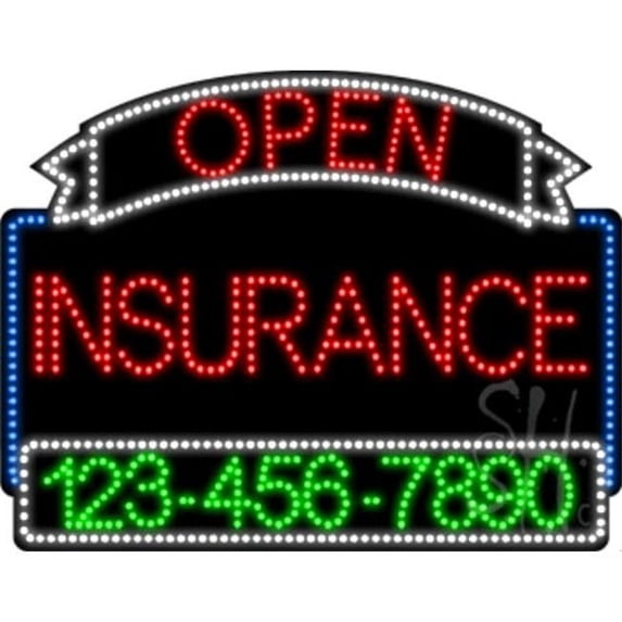 Everything Neon L100-5921 Insurance Open with Phone Number Animated LED Sign 24'' Tall x 31'' Wide x 1'' Deep