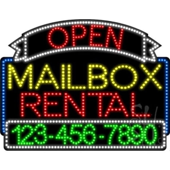 Everything Neon L100-6011 Mailbox Rental Open with Phone Number Animated LED Sign 24'' Tall x 31'' Wide x 1'' Deep