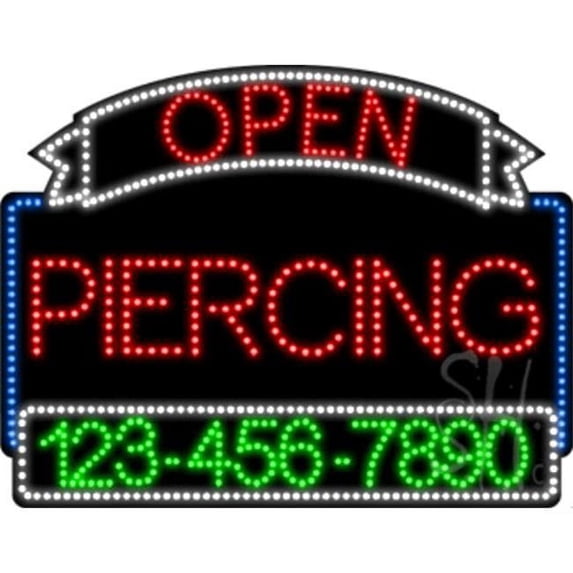 Everything Neon L100-6173 Piercing Open with Phone Number Animated LED Sign 24'' Tall x 31'' Wide x 1'' Deep