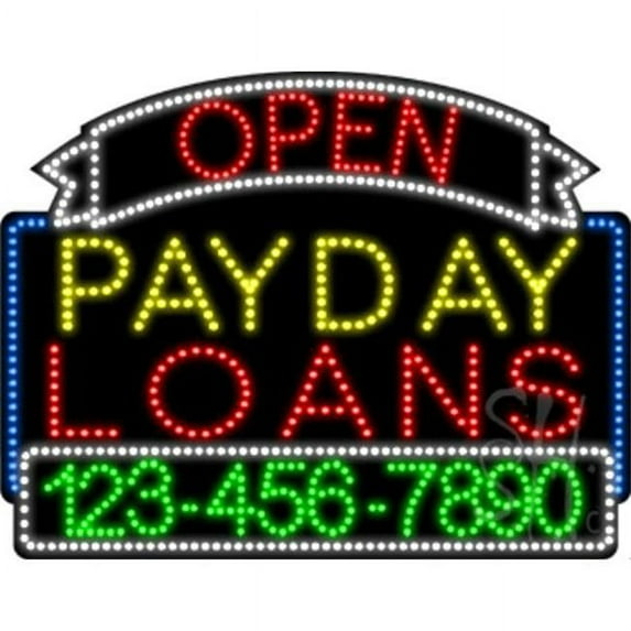 Everything Neon Payday Loans Open with Phone Number Animated LED Sign 24'' Tall x 31'' Wide x 1'' Deep