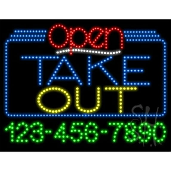 Everything Neon L100-6430 Take Out Open with Phone Number Animated LED Sign 24'' Tall x 31'' Wide x 1'' Deep