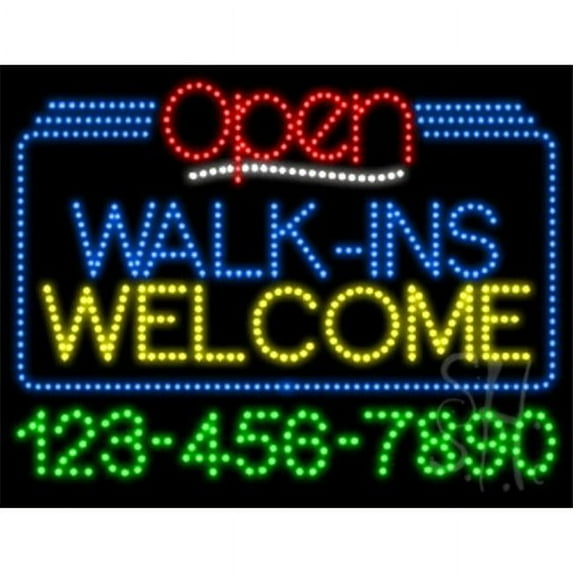 Everything Neon L100-6475 Walk-Ins Welcome Open with Phone Number Animated LED Sign 24'' Tall x 31'' Wide x 1'' Deep