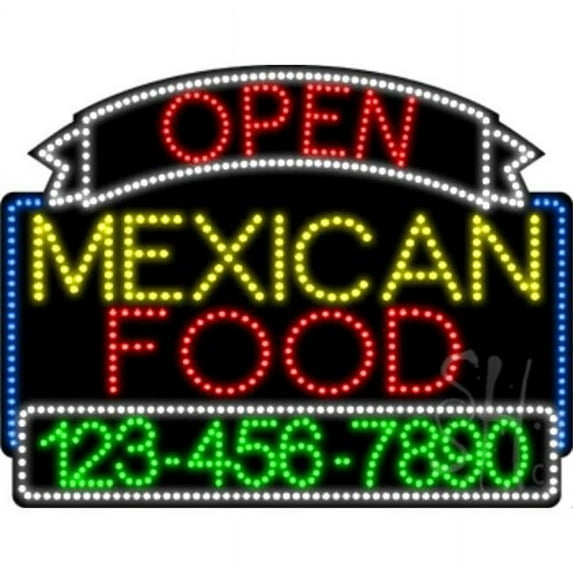 Everything Neon L100-6586 Mexican Food Open with Phone Number Animated LED Sign 24'' Tall x 31'' Wide x 1'' Deep
