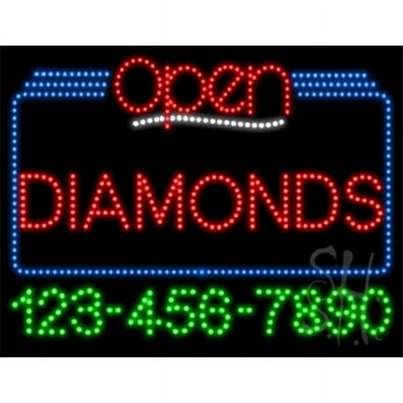 Everything Neon L100-7057 Diamonds Open with Phone Number Animated LED Sign 24'' Tall x 31'' Wide x 1'' Deep