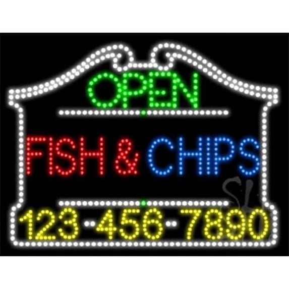 Everything Neon L100-7134 Fish Chips Open with Phone Number Animated LED Sign 24'' Tall x 31'' Wide x 1'' Deep