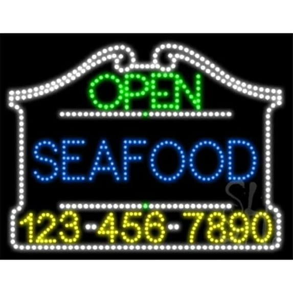 Everything Neon Seafood Open with Phone Number Animated LED Sign 24'' Tall x 31'' Wide x 1'' Deep