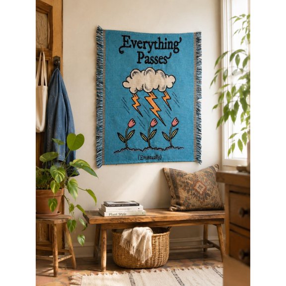 Everything Passes Blue Storm Cloud, Lightning and Flowers Woven Blanket, 100% Cotton, Whimsical Home Accent