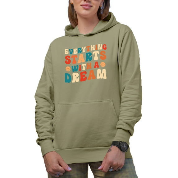 Everything Starts with a Dream, Inspirational Quote, Groovy Retro Wavy Text Merch Gift, Sand Hooded Sweatshirt or Hoodie, XL