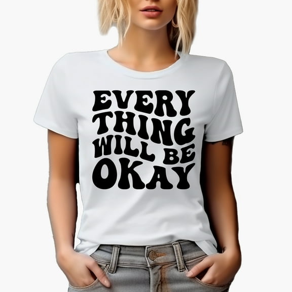 Everything Will Be Ok, Quote to Bring Hope, Groovy Retro Wavy Text Merch Gift, White T-Shirt, Small