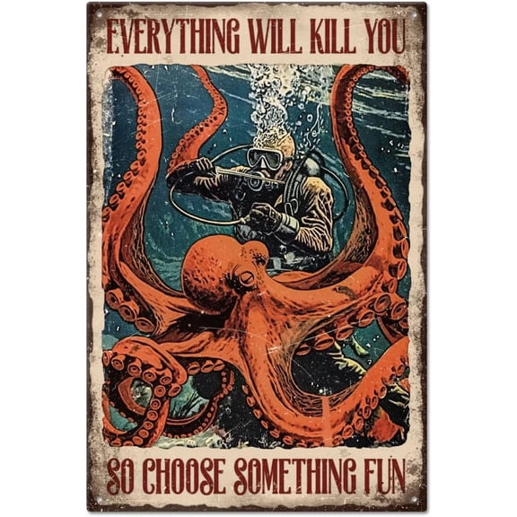 "Everything Will Kill You So Choose Something Fun" Funny Octopus Metal Tin Sign Diver Tin Sign 12x8in/30x20cm Art Plaque Poster Wall Decor for Home Bathroom Restroom Toilet
