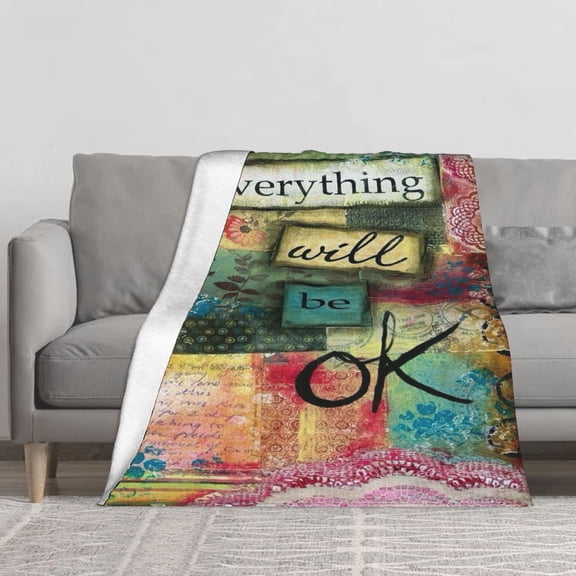 Everything Will Be OK Inspirational Quote Flannel Blanket,280g Soft Warm Vintage Collage Art Throw Blanket for Couch Sofa Bed,Comforting Positive Gift for Women Men Friends Kids