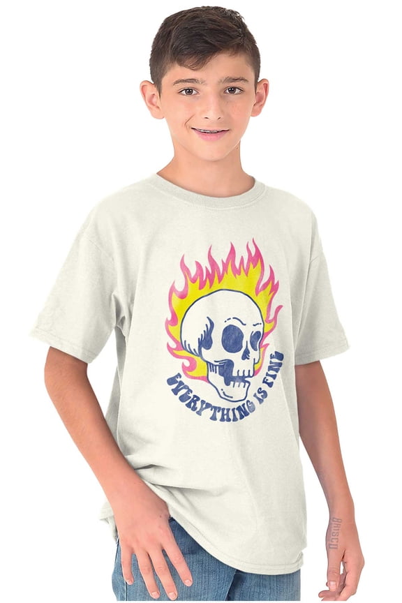Everything is Fine Flaming Skull Crewneck T Shirts Boy Girl Teen Brisco Brands S