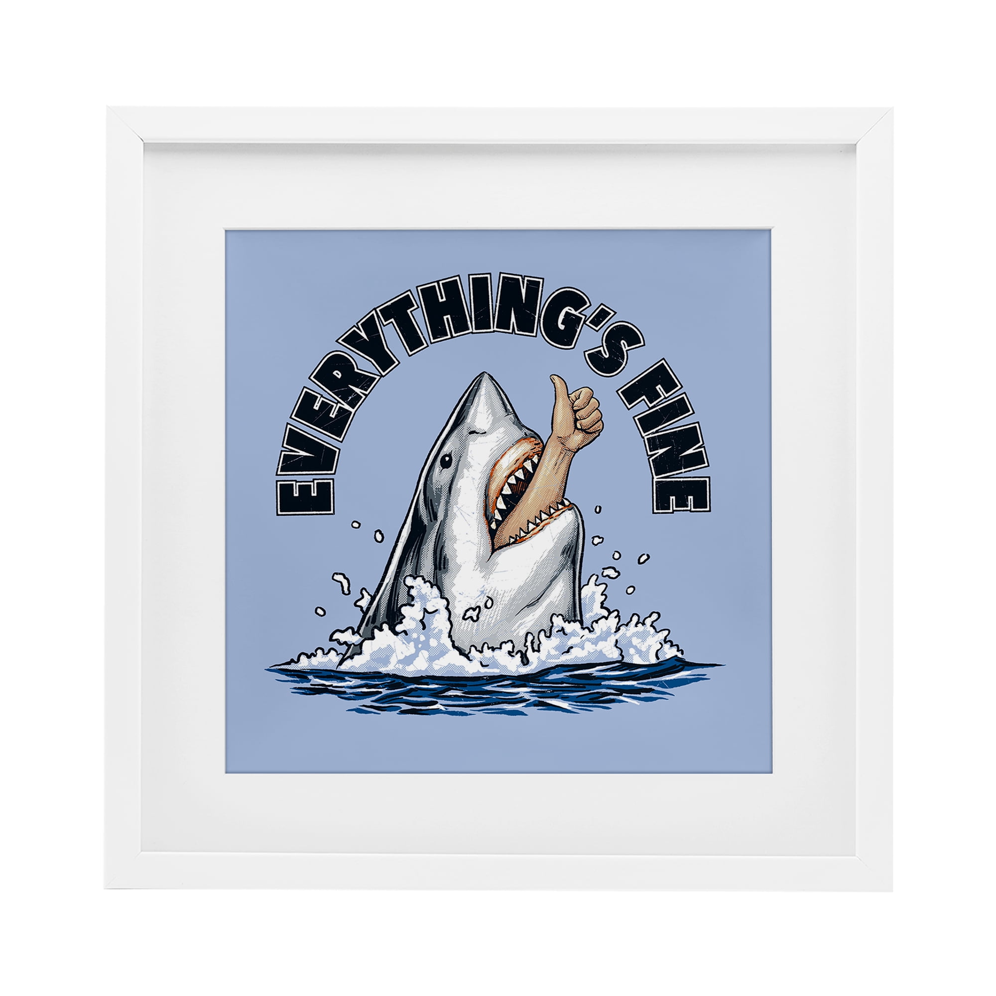 Everything's Fine Shark Bite White Framed Print Under Glass, design by Jedco Brands Inc.