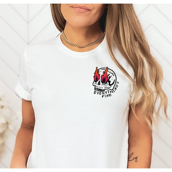 Everything’s Fine Vintage Pink Flame Pocket Shirt, Retro Grunge Minimalist Shirt, Cute Vintage Skull with Pink Flames T-Shirt, F4307 All Size S-5Xl