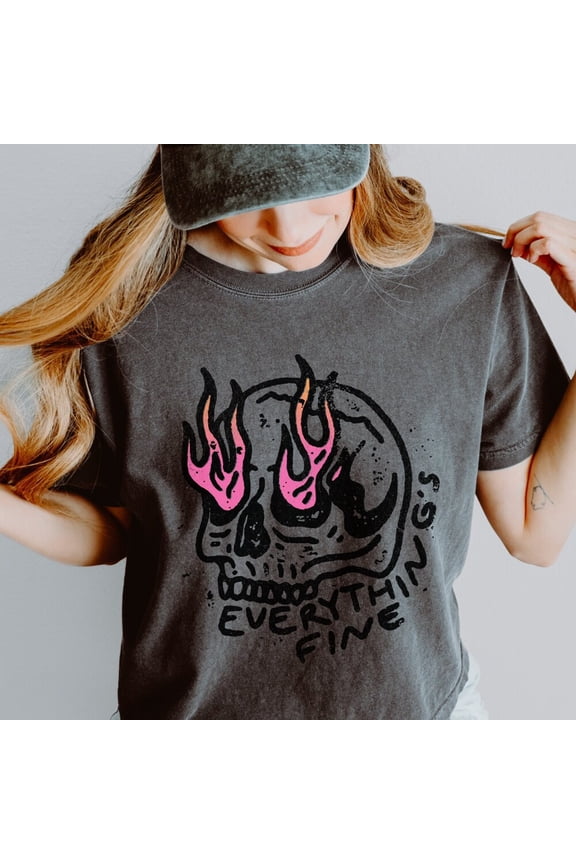 Everythings Fine Shirt, Retro Grunge Shirt, Skull On Fire Shirt DARK HEATHER S-5XL Shirt