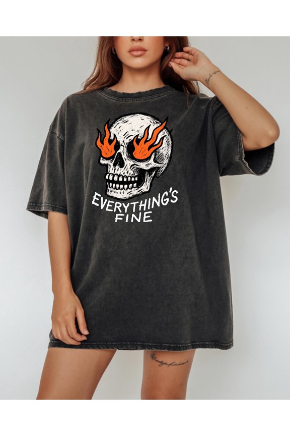 Everythings Fine Skull Retro Distressed Skeleton Graphic T-Shirt