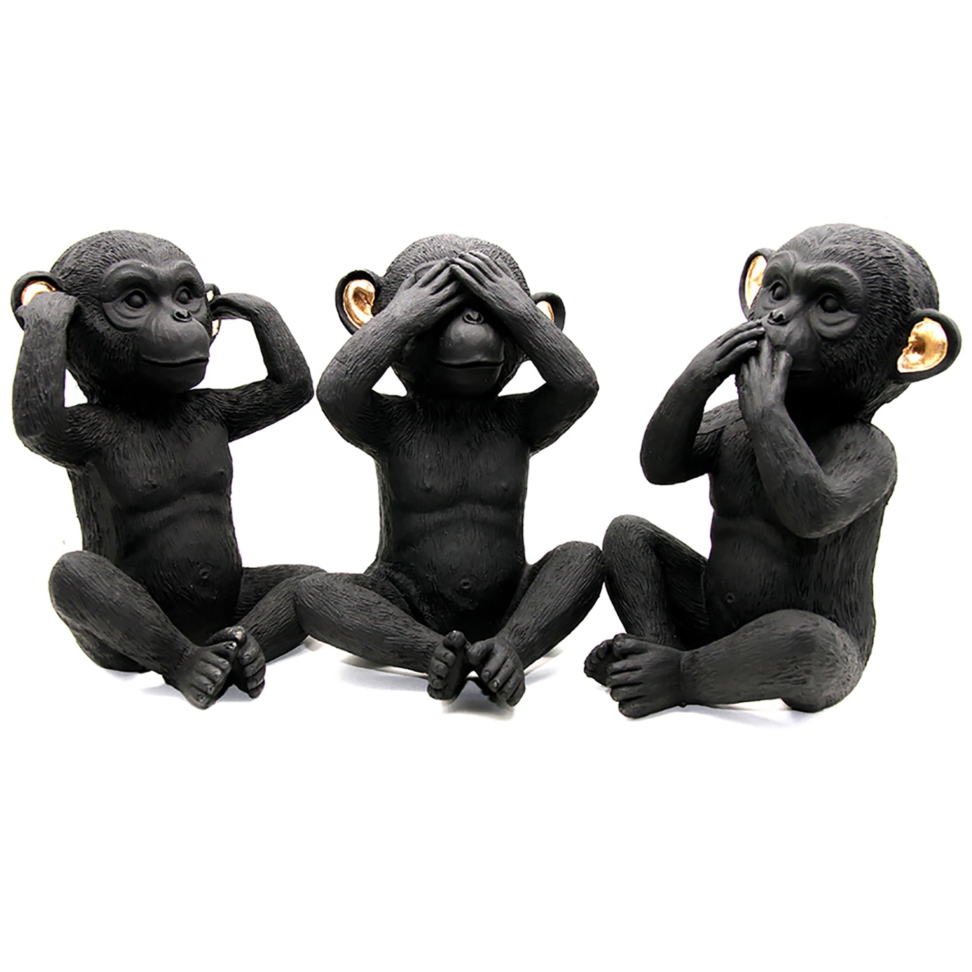 3 Wise Monkeys Speak Hear See No Evil Resin Black Gold Set