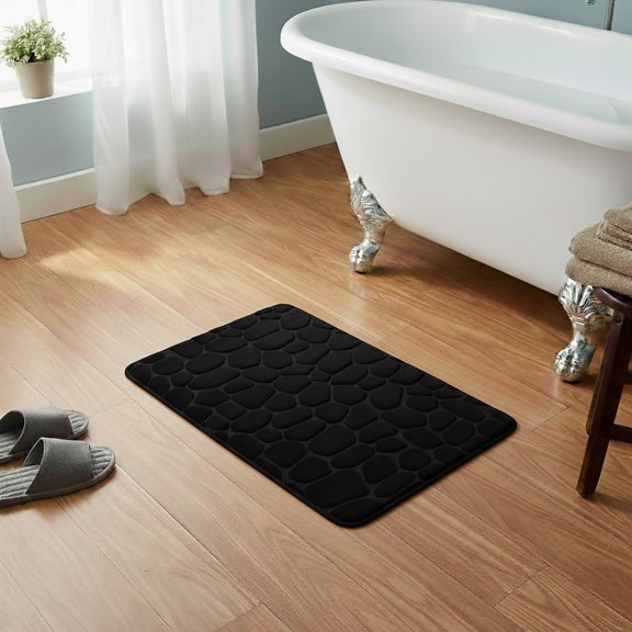 Evideco French Home Goods Memory Foam Bath Mat Black Pebble Design 32x20