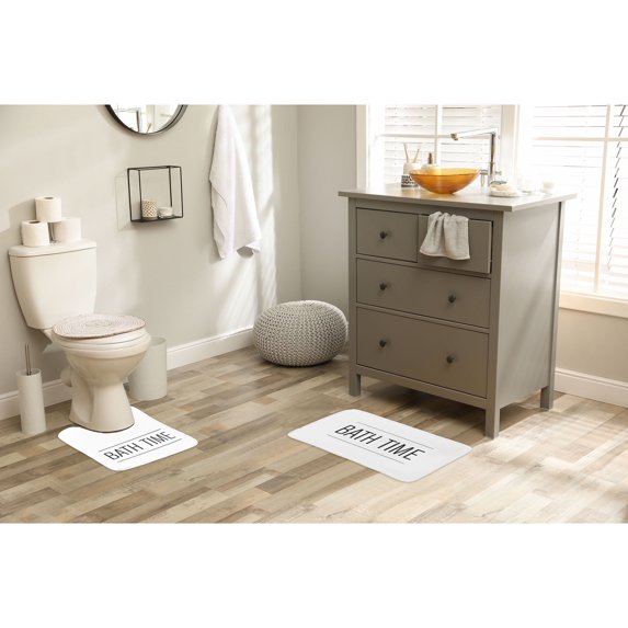 Non-Slip Microfiber Bathmat and Contour Rug with 'Bath Time' Design for Comfort and Safety - Upgrade Your Bathroom with Our White 2-Piece Set