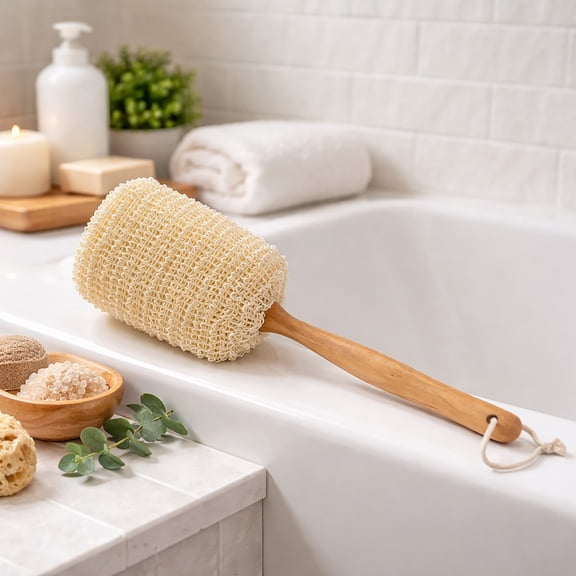 Natural Wooden Handle Ramie Shower Sponge - Long Exfoliating Body Scrubber