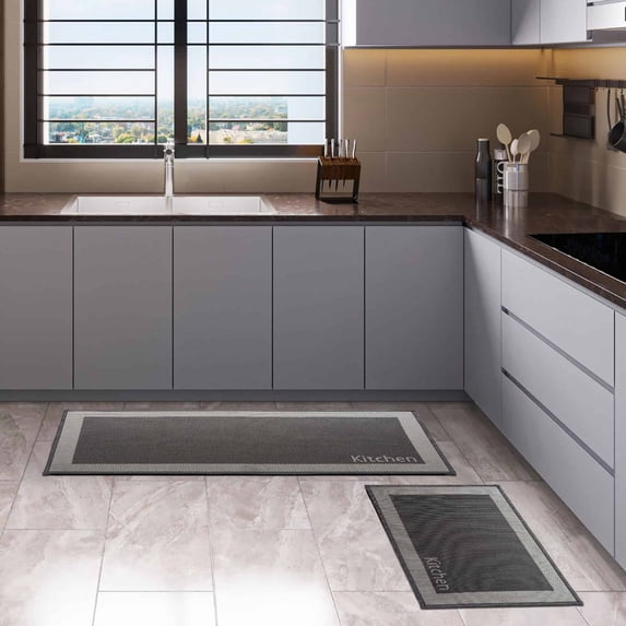 Evideco Two-Tone Black Kitchen Mat and Runner Set 20x32 and 20x48 In - Low Profile Non-Slip Polyester Floor Mats for Sink or Prep Areas