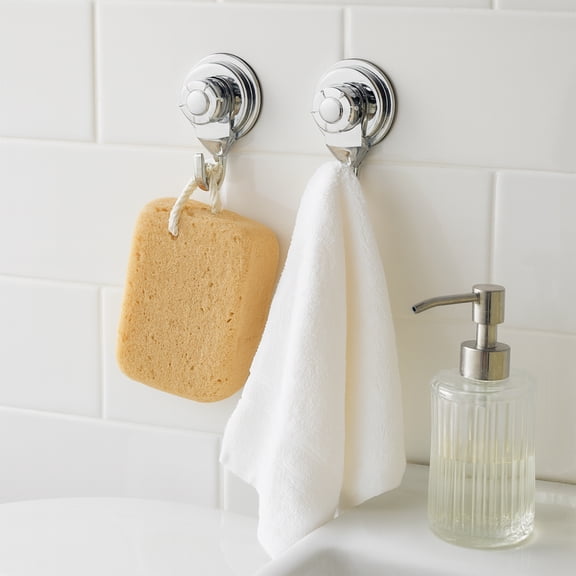 Strong Hold Vacuum Suction Cup Hooks Shower-Kitchen Walls Organizer Loofah Set of 2 Chrome
