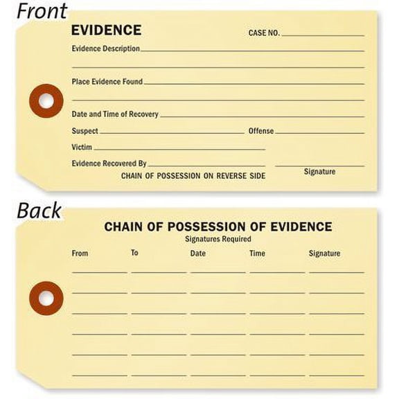 Evidence and"Chain of Possession" Identification Tag (Double Sided), 5.25" x 2.625" Durable Manila Cardstock with Reinforced Hole, Pre-Wired - Pack of 100 Tags
