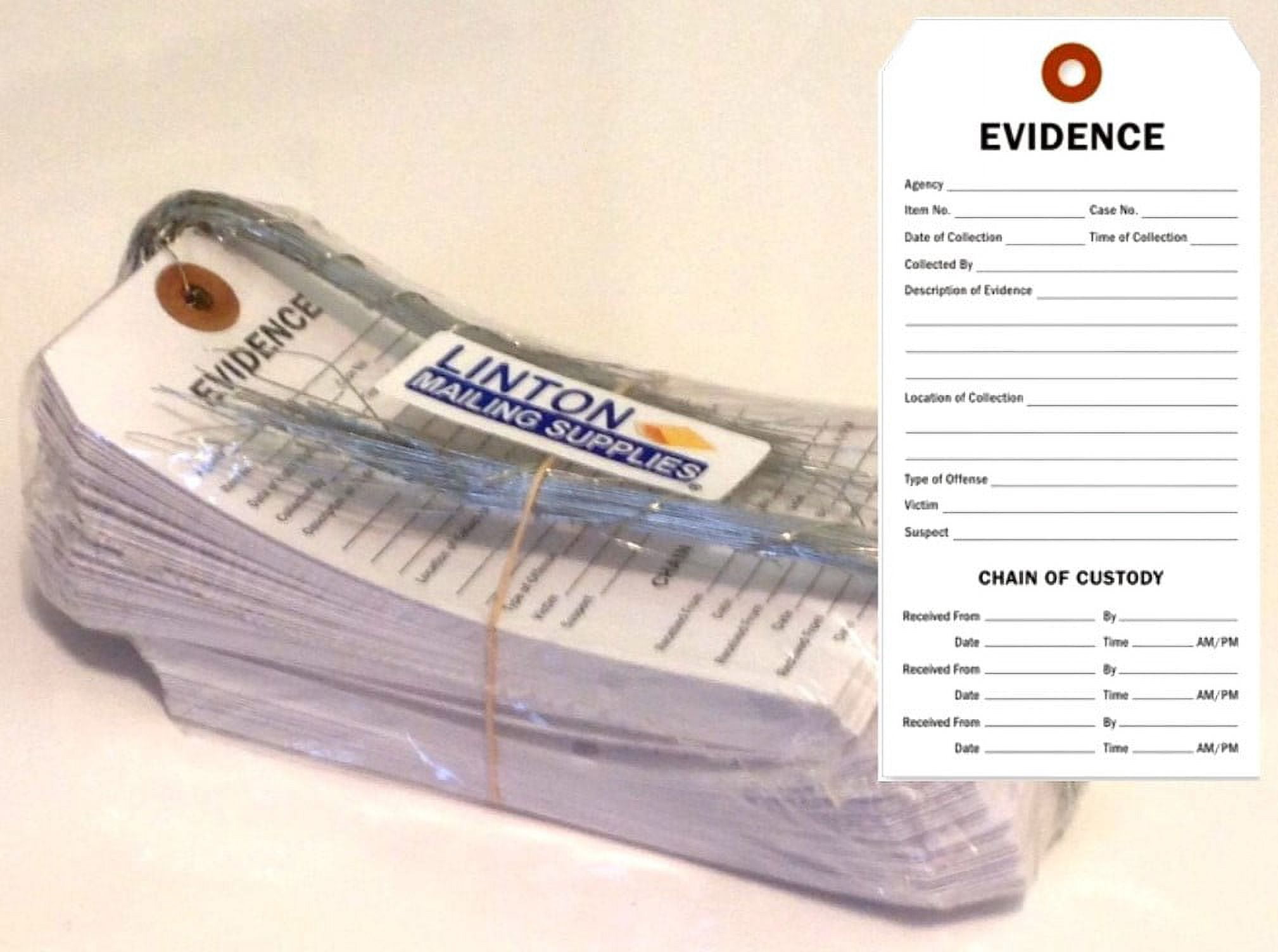 "Evidence" and"Chain of Custody" Tag, 6.25" x 3.125" Durable White Cardstock with Reinforced Hole, Pre-Wired - Pack of 100 Tags