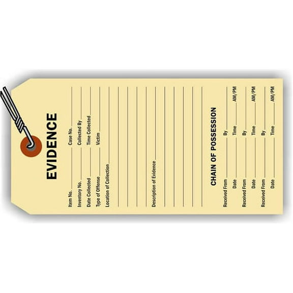 "Evidence" and"Chain of Possession" Tag, 6.25" x 3.125" Durable 13-Pt. Manila Cardstock with Reinforced Hole, Pre-Wired - Pack of 100 Tags