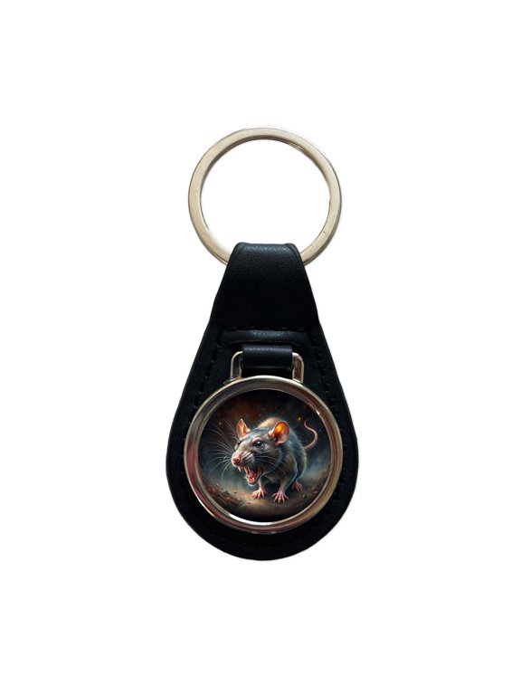 Evil Angry Rat Black Watercolor Metal Black Leather Keychain