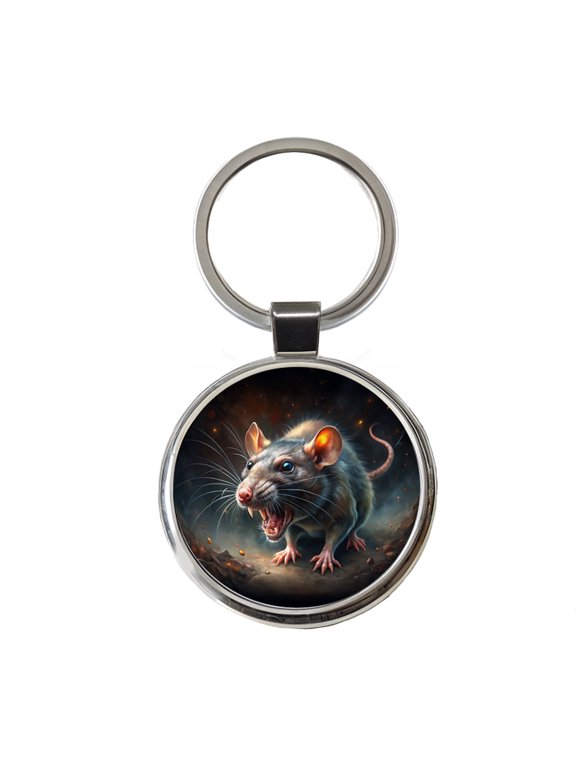 Evil Angry Rat Black Watercolor Metal Round Keychain