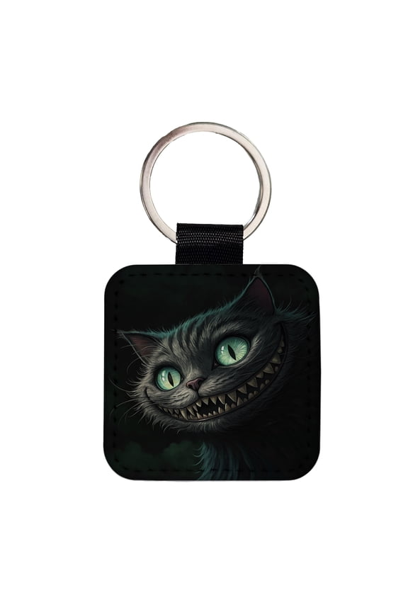 Evil Cheshire Cat Grinning On Black Faux Leather Square Keychain