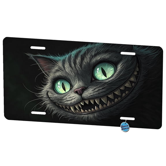 Evil Cheshire Cat Grinning On Black Metal Novelty License Plate