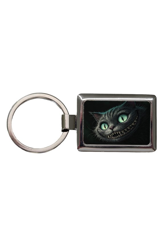 Evil Cheshire Cat Grinning On Black Metal Rectangle Keychain