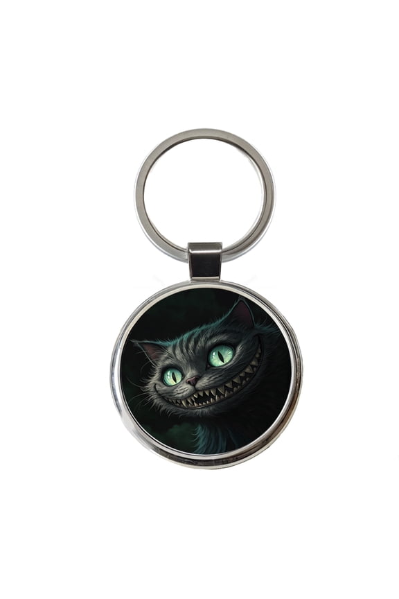 Evil Cheshire Cat Grinning On Black Metal Round Keychain