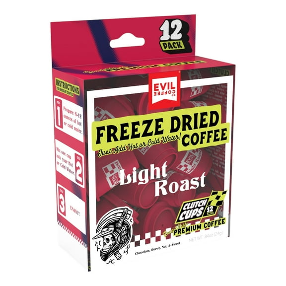 Evil Coffee Clutch Cup Freeze Dried Coffee - Light Roast Coffee Pack, 12 Single Servings, Coffee Pods for Coffee Lovers, Commuters, Travelers & Campers - Mess Free, Portable, Long Shelf Life
