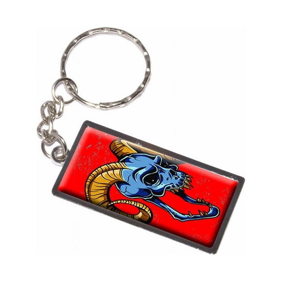 Evil Devil Demon Blue Skull With Ram Horns Keychain Key Chain Ring