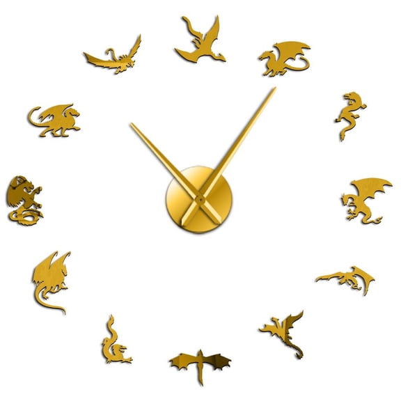Evil Dragon Silhouette Frameless Wall Clock Stickers, DIY Modern Decorative Clocks for Living Room, Bedroom, Office - Easy to Install, Large 3D Clock Design (Gold,47in)