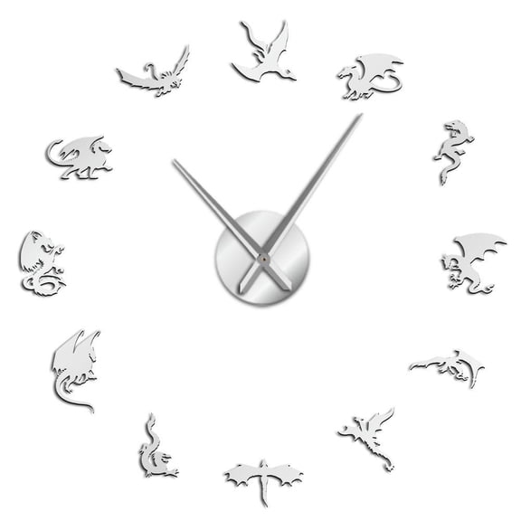 Evil Dragon Silhouette Frameless Wall Clock Stickers, DIY Modern Decorative Clocks for Living Room, Bedroom, Office - Easy to Install, Large 3D Clock Design (Silver,37in)