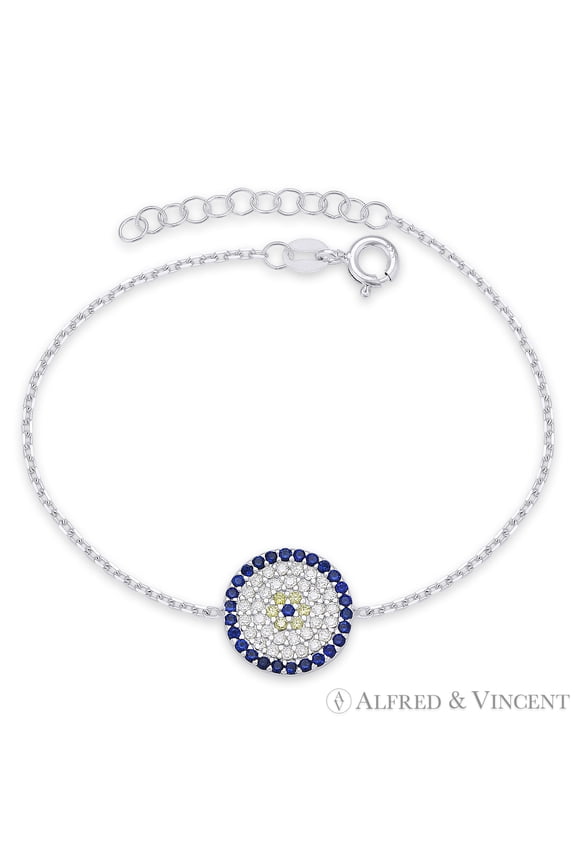 Evil Eye 13mm Circle Charm CZ Crystal Pave Strand Bracelet in .925 Sterling Silver
