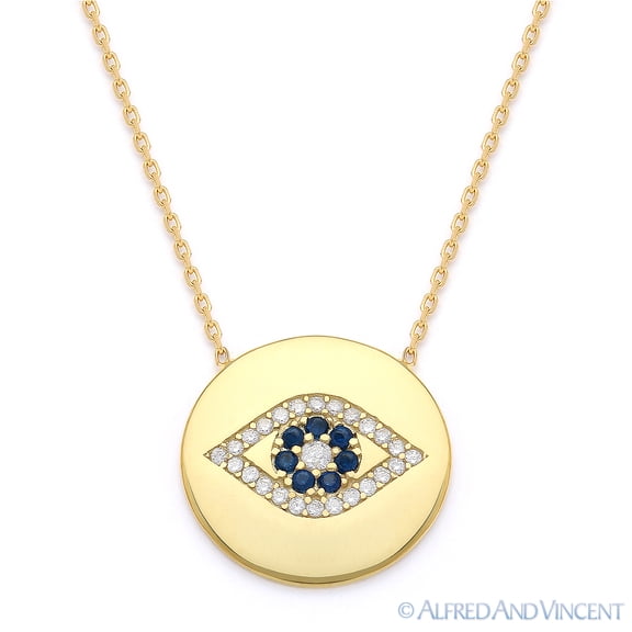 Evil Eye 17mm Circle Charm CZ Crystal Pendant & Chain Necklace in .925 Sterling Silver