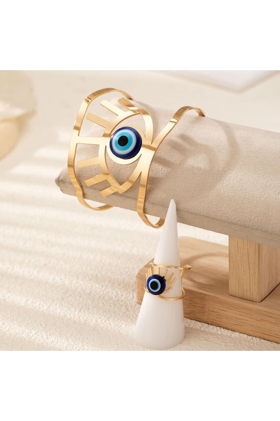Evil Eye Alloy Resin Hollow Cuff Bangles Cuff Rings Sets Golden Inner Diameter 60mm