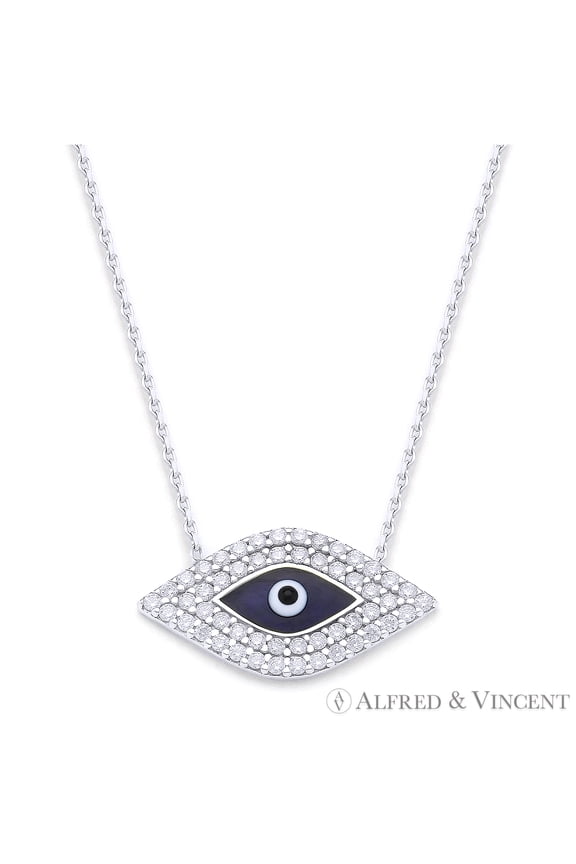 Evil Eye Bead Charm Necklace w/ CZ Crystals in .925 Sterling Silver
