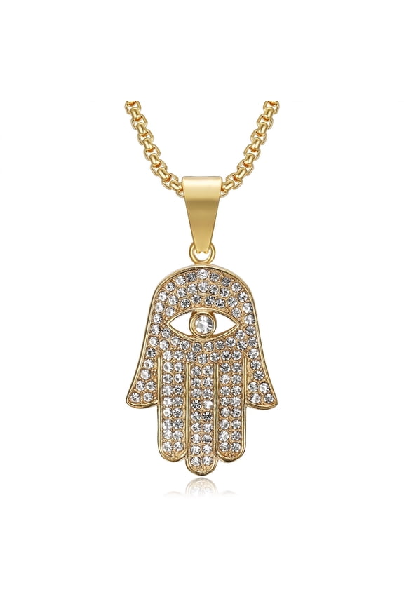 18K Gold Plated Evil Eye Fatima Hamsa Hand Egyptian Pendant 24'' Chain Amulet Stainless Steel Necklace for Men Women