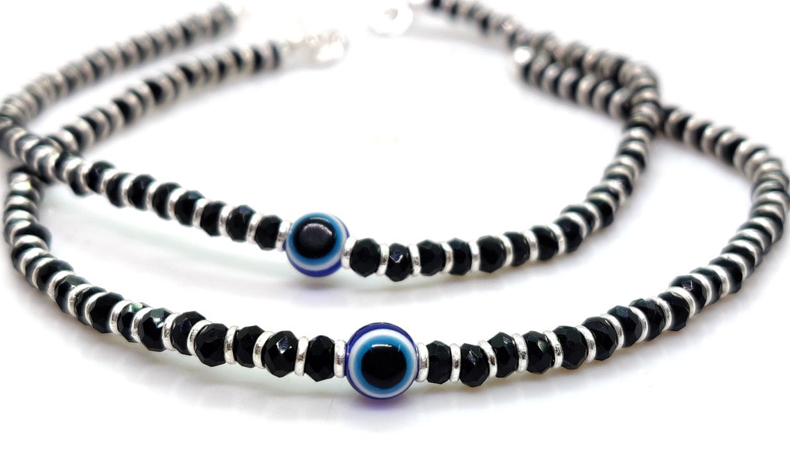 Evil Eye Black Beads Silver Anklet