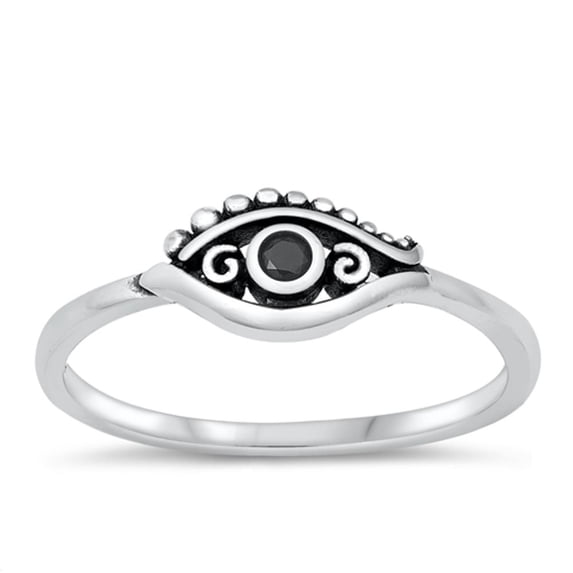 Evil Eye Black Cubic Zirconia Promise Ring .925 Sterling Silver Band Jewelry Female Male Size 7